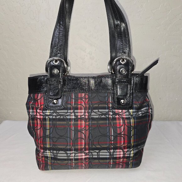 COACH F15467 Poppy Tartan Plaid Signature Glam Glitter Shoulder Tote FLAWLESS! - Picture 5 of 13